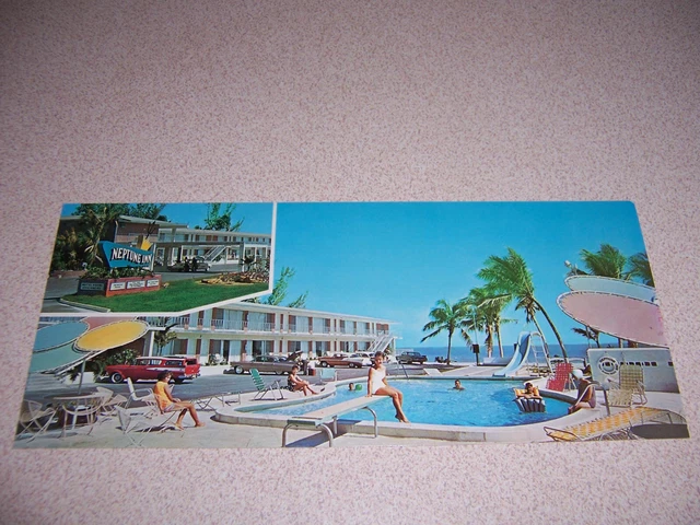 1960s POOL-VIEW, NEPTUNE INN FORT MYERS BEACH, FL. VTG OVERSIZE POSTCARD #2