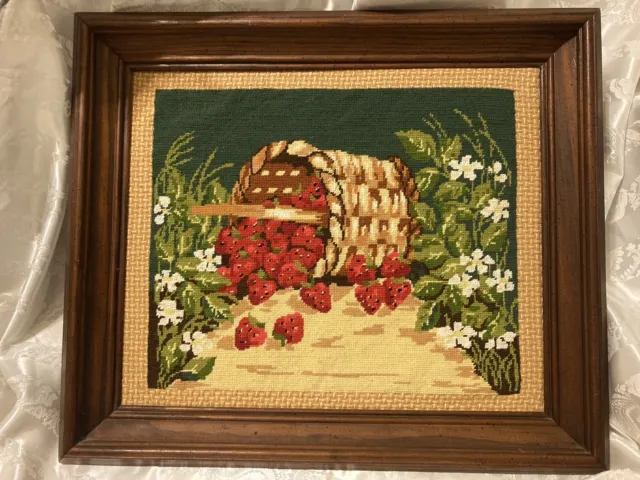 Large Vintage Framed Needlepoint with Basket Of Strawberries ~ 20” x 17.5”