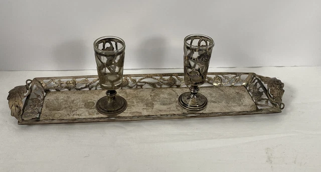 Vintage Mexican Sterling Silver Etch Leaves Overlay 2 Shot Glasses w/ Tray Set