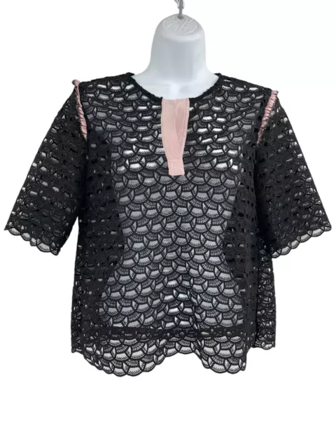 Sandro Paris Womens Black Lace Blouse Short Sleeve Round V Cut Neck Size 3 Large