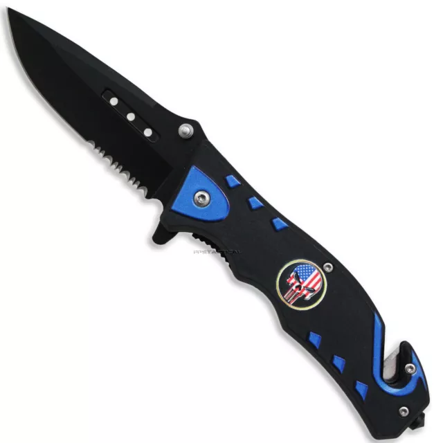 PacSol USA Punisher Skull Stainless Spring Assisted Knife Red White Blue Black