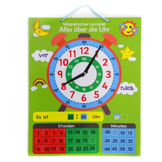 Lern-Spiel Uhr magnetisch I zum aufhängen mit drehbaren Zeigern und 40 Magneten