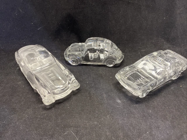 (3) Vintage Hofbauer German Glass Paperweight/Volkswagen Beetle/Mercedes/Jaguar