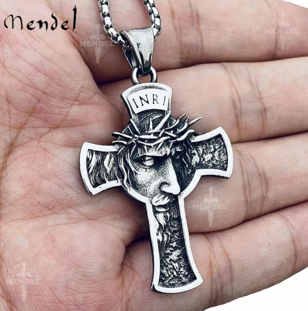 MENDEL Mens Stainless Steel Jesus Christ Face Crucifix Cross Pendant Necklace