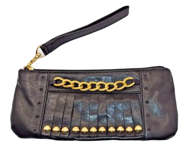 Candies Wristlet Bag Black Vegan Faux Leather Fringe Studs Gold Chain Moto Style