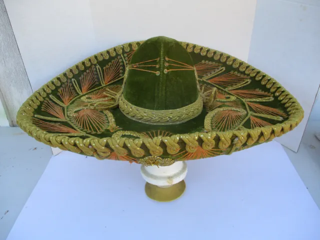 Vintage Sombrero Mariachi Mexican Hat Ornate Green Velvet w/ Gold & Orange Trim