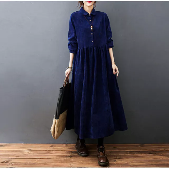 Women Corduroy Dress Long Retro Big Swing Casual Warm A-line Loose