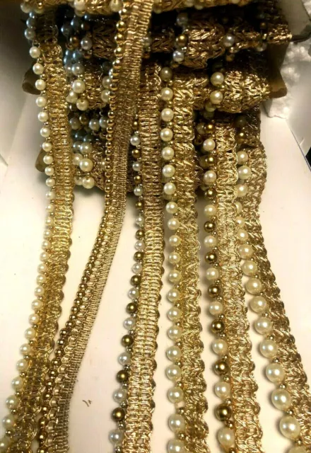1D) 2 Yard Fringe Bridal Saree Tassel Sew On Curtain Edge Lace With Pearls Beads