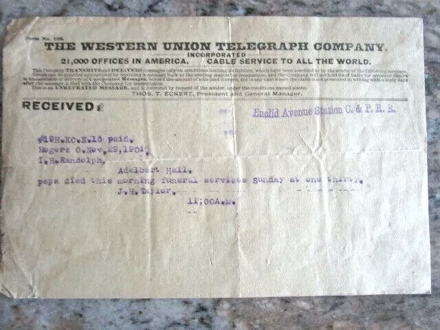 Vintage 1901 Western Union Telegram Euclid Ave Station  C & Prr - E8G-13