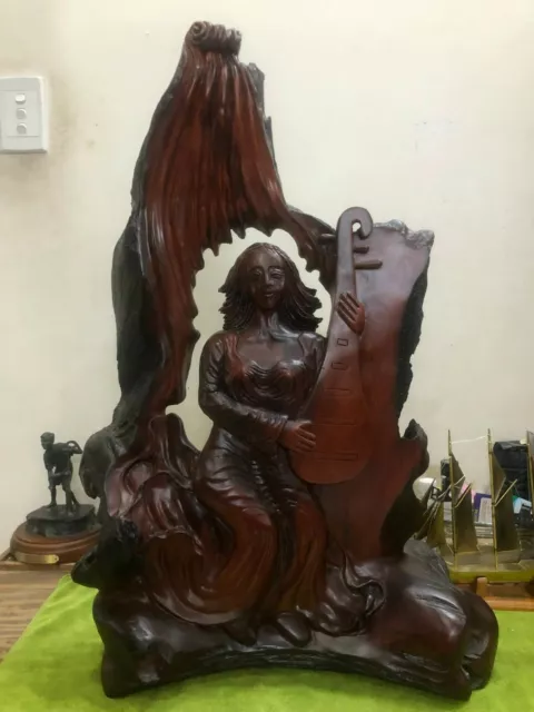Amazing Vietnam Wood Hand-carved Lady Playing Music Sculpture Statue Old Roots