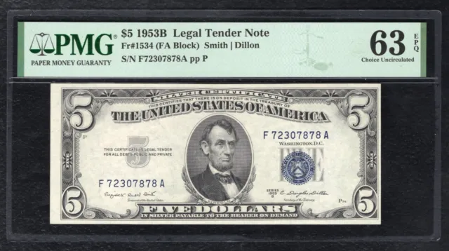 Fr. 1657 1953-B $5 Silver Certificate Currency Note Pmg Uncirculated-63Epq