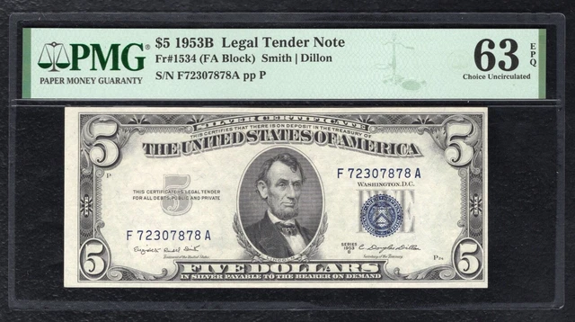 Fr. 1657 1953-B $5 Silver Certificate Currency Note Pmg Uncirculated-63Epq