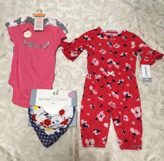 NWT Baby Girl 3 Month Carters One Piece Bodysuit x3 Lot Koala Kids Bib New  714A