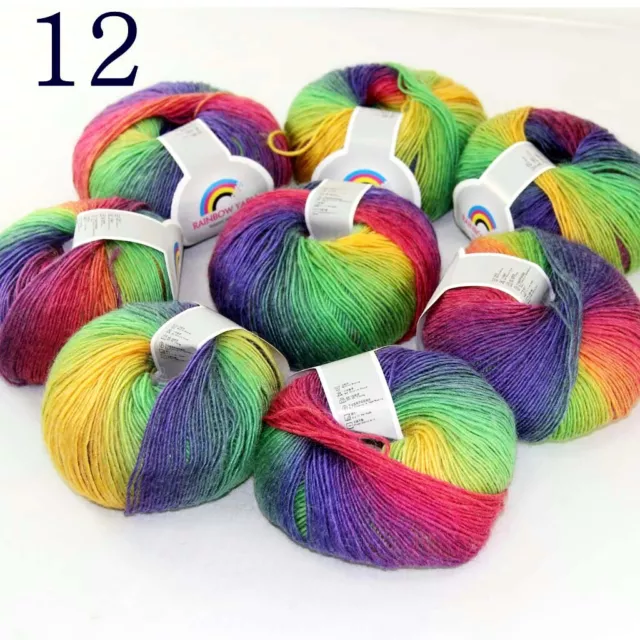 Sale 8ballsX50gr Colorful Rainbow Rug Shawl Cashmere Wool Hand Crochet Yarn 12