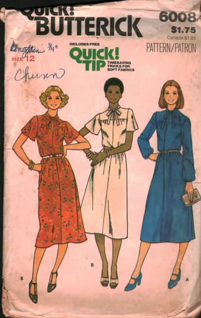 6008 Vintage Butterick Sewing Pattern Misses 1970s Loose Fitting Dress Tie Neck