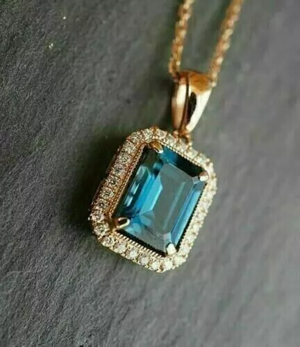 3Ct Emerald Cut Lab-Created London Blue Topaz Pendant Yellow Gold Silver Plated