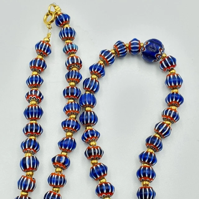 Collier Vintage Perles De Verre Multicouches - Style Vénitien Chevron Bleu, Fait Main Au Népal