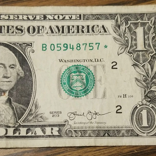 $1 Bill 2013 B  Duplicate Serial Numbers Star Note B 05948757*