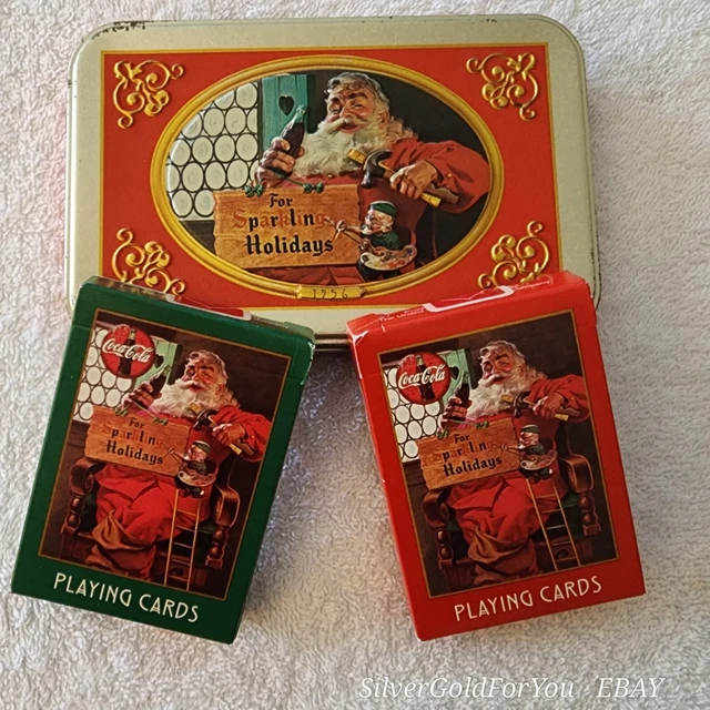 Coca-Cola Double (Two) Sealed Decks Santa Playing Cards W/ Embosse Tin Box Coke