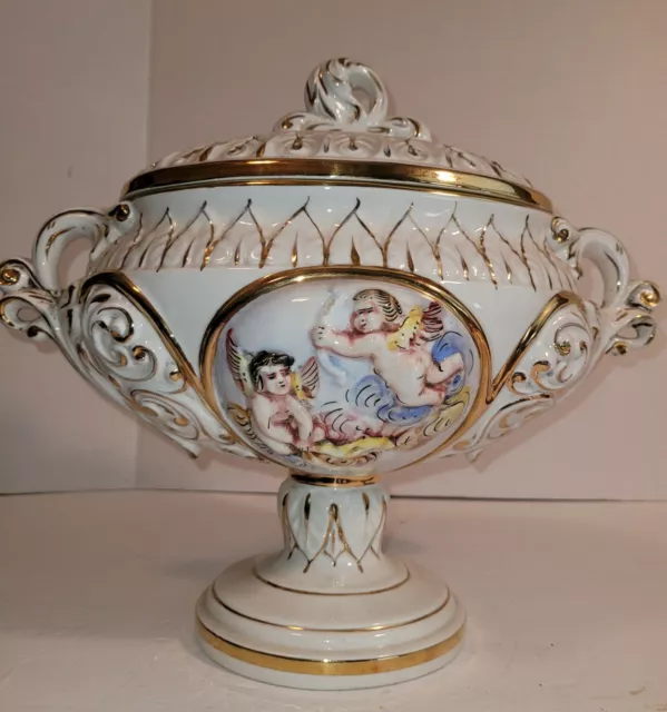 Vintage Keramos R. Capodimonte Pedestal Bowl & Lid Cherub Italy Soup Tureen
