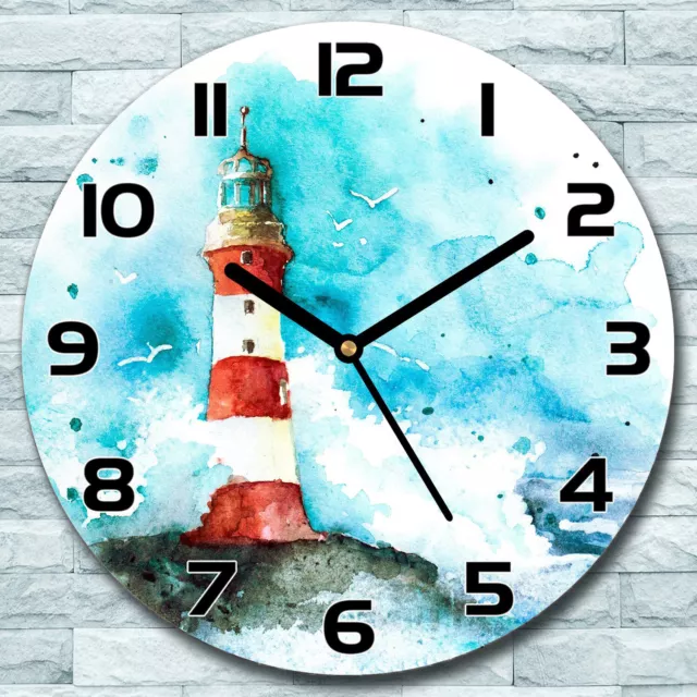 Glass Wall Clock Lighthouse Watercolour Round Home Living Room Silent fi 30