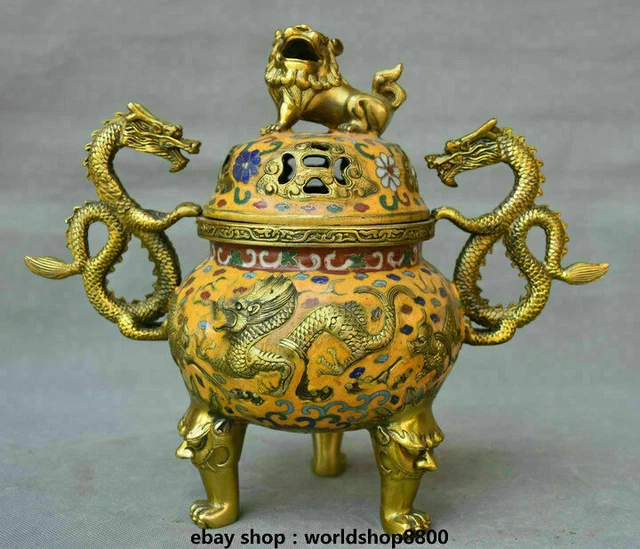 10.8" Marked Old Chinese Cloisonne Copper Dynasty Dragon Lion Dog Incense Burner