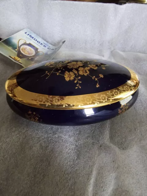 Vintage Oval Trinket Box Cobalt Blue Floral Gold Trim Limoges Castel France