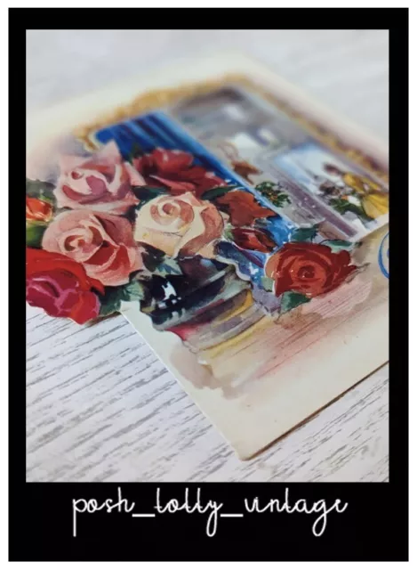 Vintage 1950's UNUSED Crinoline Roses Flowers Christmas Greeting Card EB3318