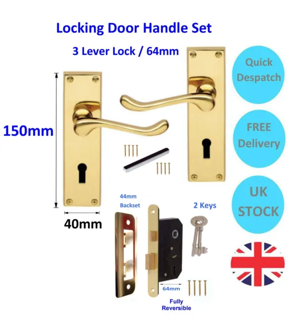 Victorian Scroll Brass Lever Locking Door Handles +3 Lever Sash Lock Set +Keys
