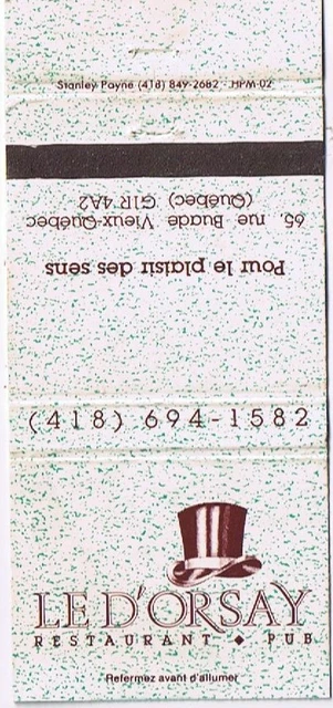 Matchbook Cover Le D'Orsay Restaurant & Pub Vieux Old Quebec City