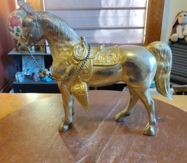 Vintage 9.75"X11" Gold Tone Anatomical Metal Horse Statue Brass (?)
