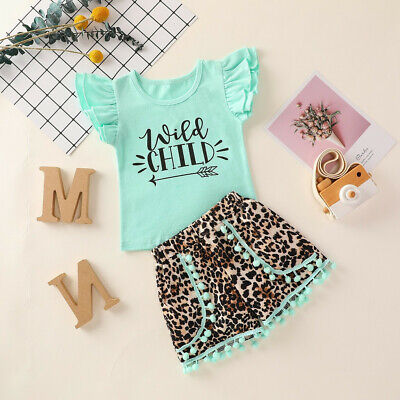 Toddler Kids Baby Girls Letter T shirt Tops Leopard Print Shorts Outfits Set