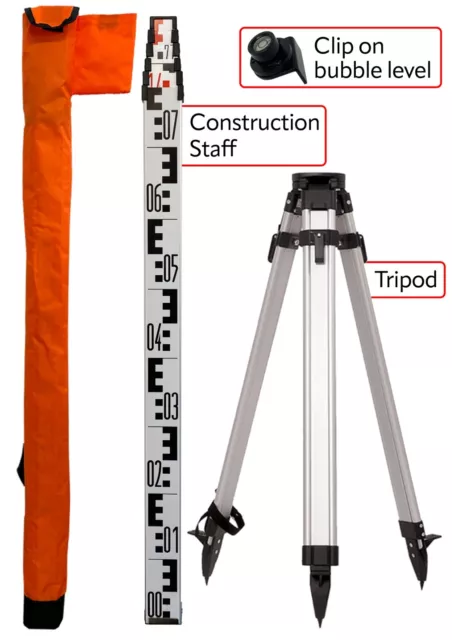 Construction Tripod + Robust 4m 6-section telescopic aluminium levelling staff