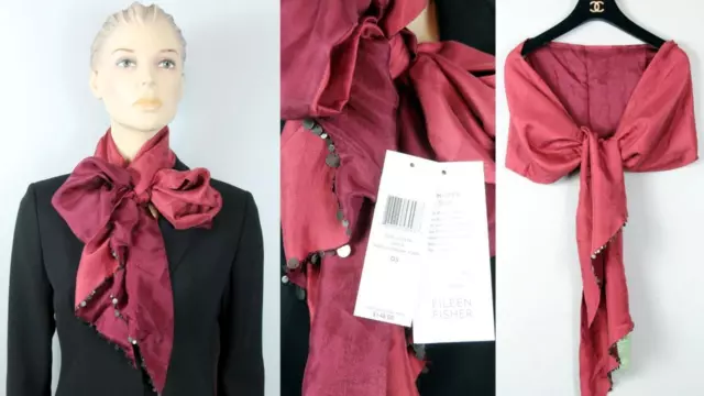 New $148 EILEEN FISHER Silk Reversible Double-Layer Scarf Shawl Wrap Beaded Trim
