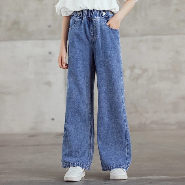 Bambine Largo Gamba Jeans Elastico Vita Pantaloni Denim 3-13 Anni