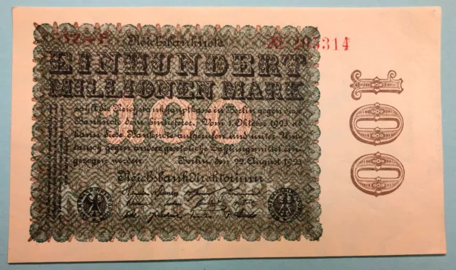 DR Einhundert Millionen Mark Reichsbanknote 1923 kassenfrisch Serie YZ-P  (S4-2