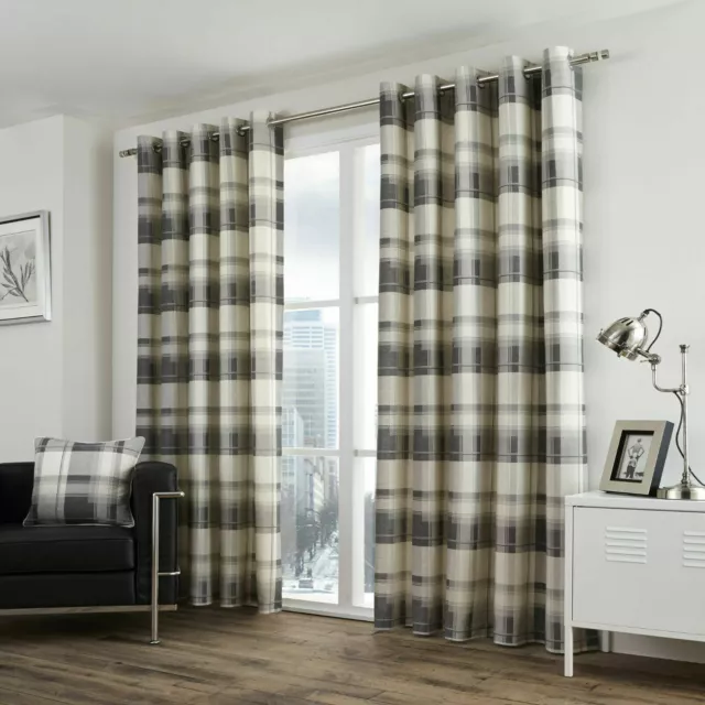 Slate Grey Tartan Check Curtains Balmoral Lined Eyelet Ring Top Curtains Pair