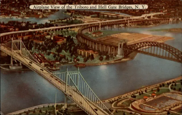 Triboro Hell Gate Bridges New York aerial view ~ 1950-60s vintage postcard