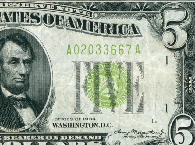 $5 1934 LGS LIME ((LIGHT GREEN SEAL)) Federal Reserve Note DAILY CURRENCY
