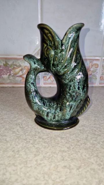 vintage mottled green glug glug fish vase by fosters pottery