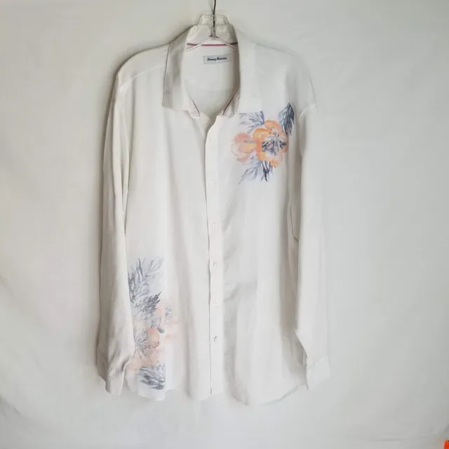Tommy Bahama Linen Blend White Floral Print Long Sleeve Shirt Men's Size 2XL