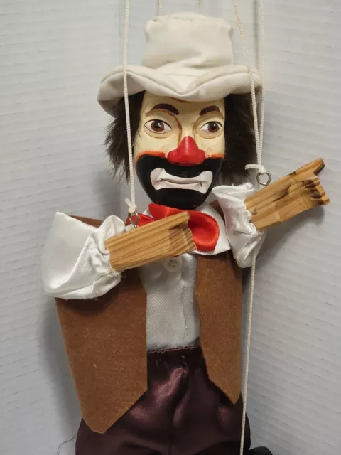 Vintage Hobo Clown Marionette Hand Carved Excellent and Unique Puppet Red bowtie