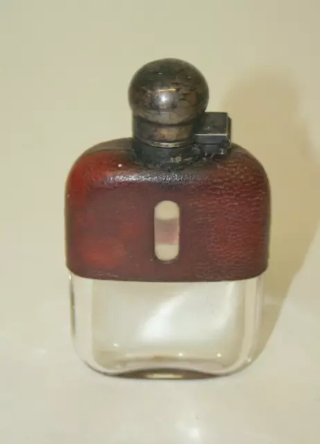 Vintage Glass Hip Flask ~Silver Lid ~Leather Wrap ~4" Tall (SC20)