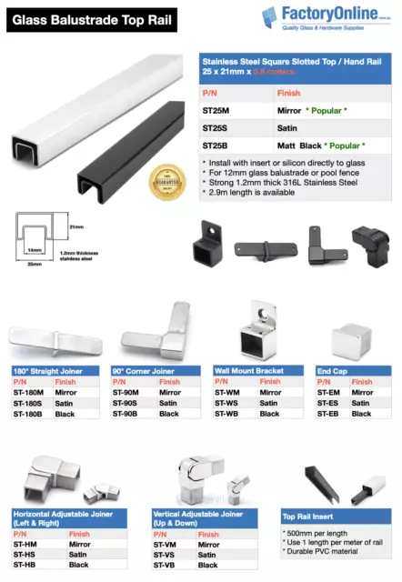 Glass Balustrade Top Rail Stainless Steel Handrail Slotted Capping Railing DIY 2