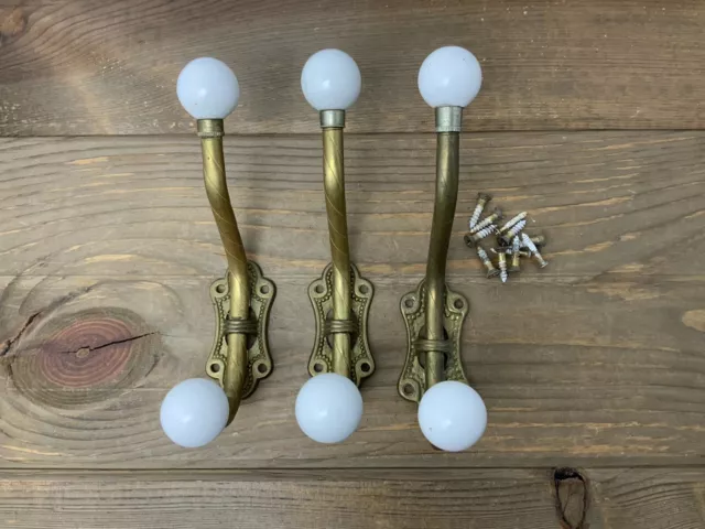 Victorian Brass and Porcelain Double Coat Hat Hooks Lot Of 3 Reclaimed