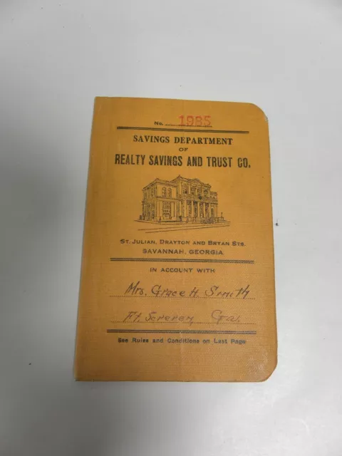 Antique 1921 Reality Savings & Trust Savannah Georgia Passbook Bank Book (A5)