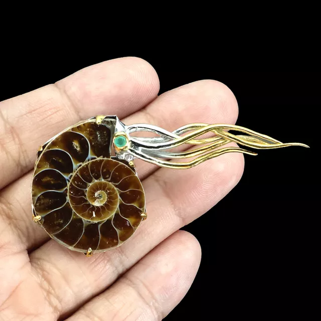 Handarbeit Muschel Form Ammonit Fossil 30x25mm Smaragd 925 Sterlingsilber