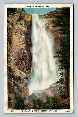 Yosemite Valley CA, Bridal Veil Falls, Vintage California c1930 Postcard