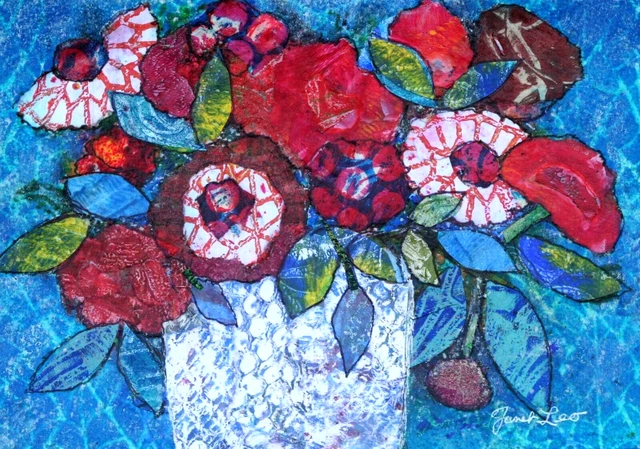 JANET LEO  sfa   ORIGINAL MIXED MEDIA   collage   CELEBRATE!   floral