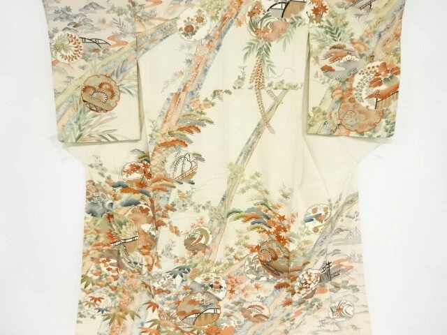 42287# Japanese Kimono / Antique Kimono / Embroidery / Floral Plants & Snowf